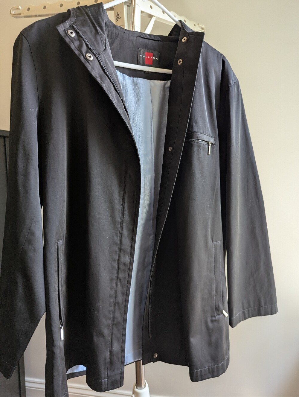 Gallery Black Hooded Rain Jacket Zipper Snap Utility Coat Light Blue Lined